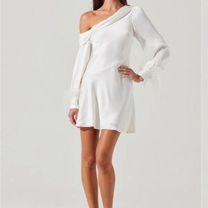 Astr White One-Shoulder Dress with Feather Detail